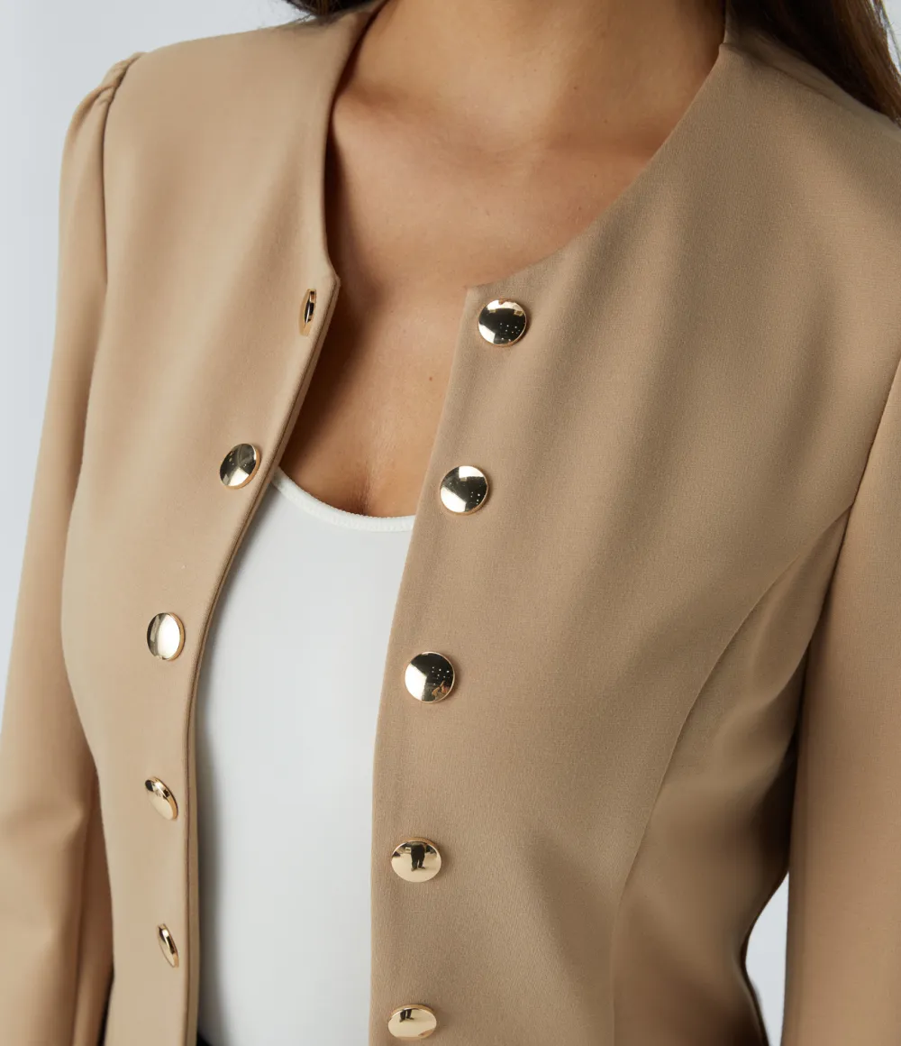 Round Neck Long Sleeve Decorative Buttons Slim Work Jacket