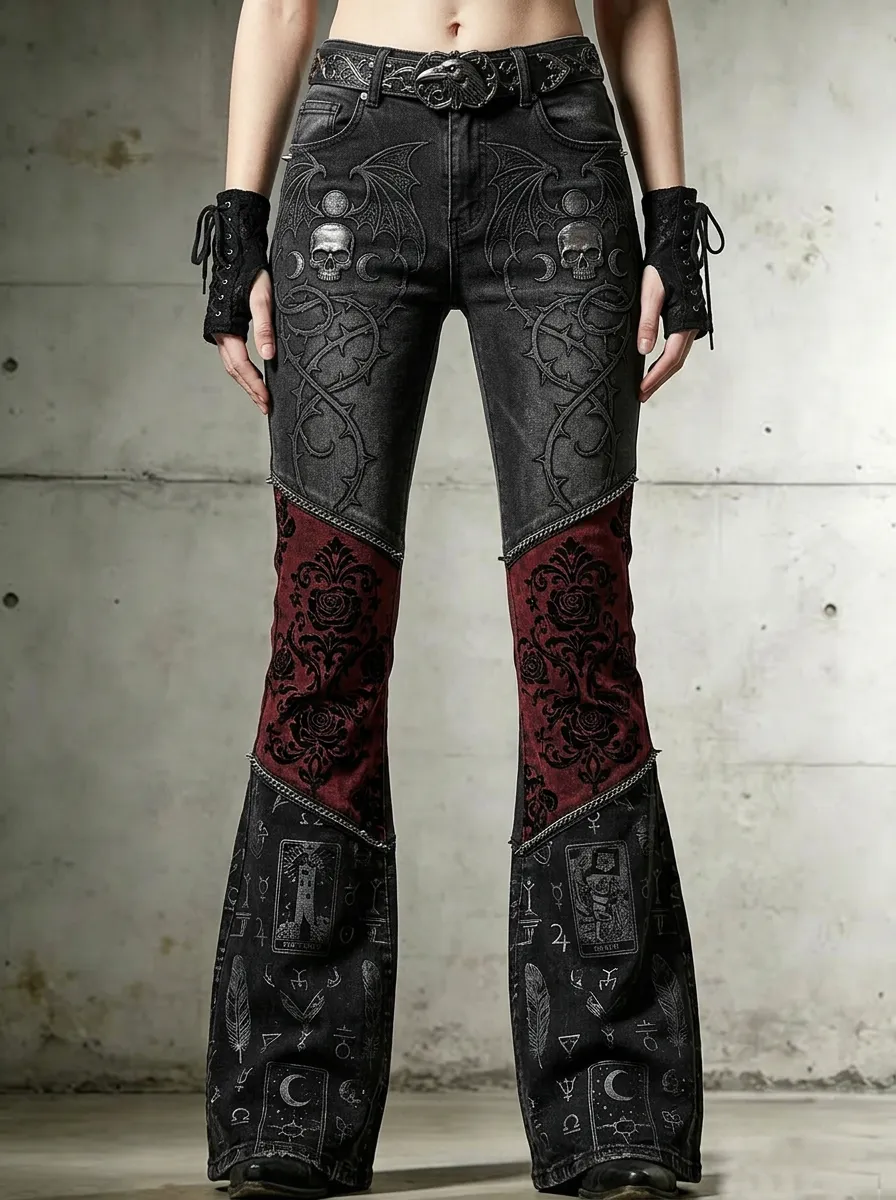 Dark Skull Rose Tarot Look Women's Gothic Flare Pants