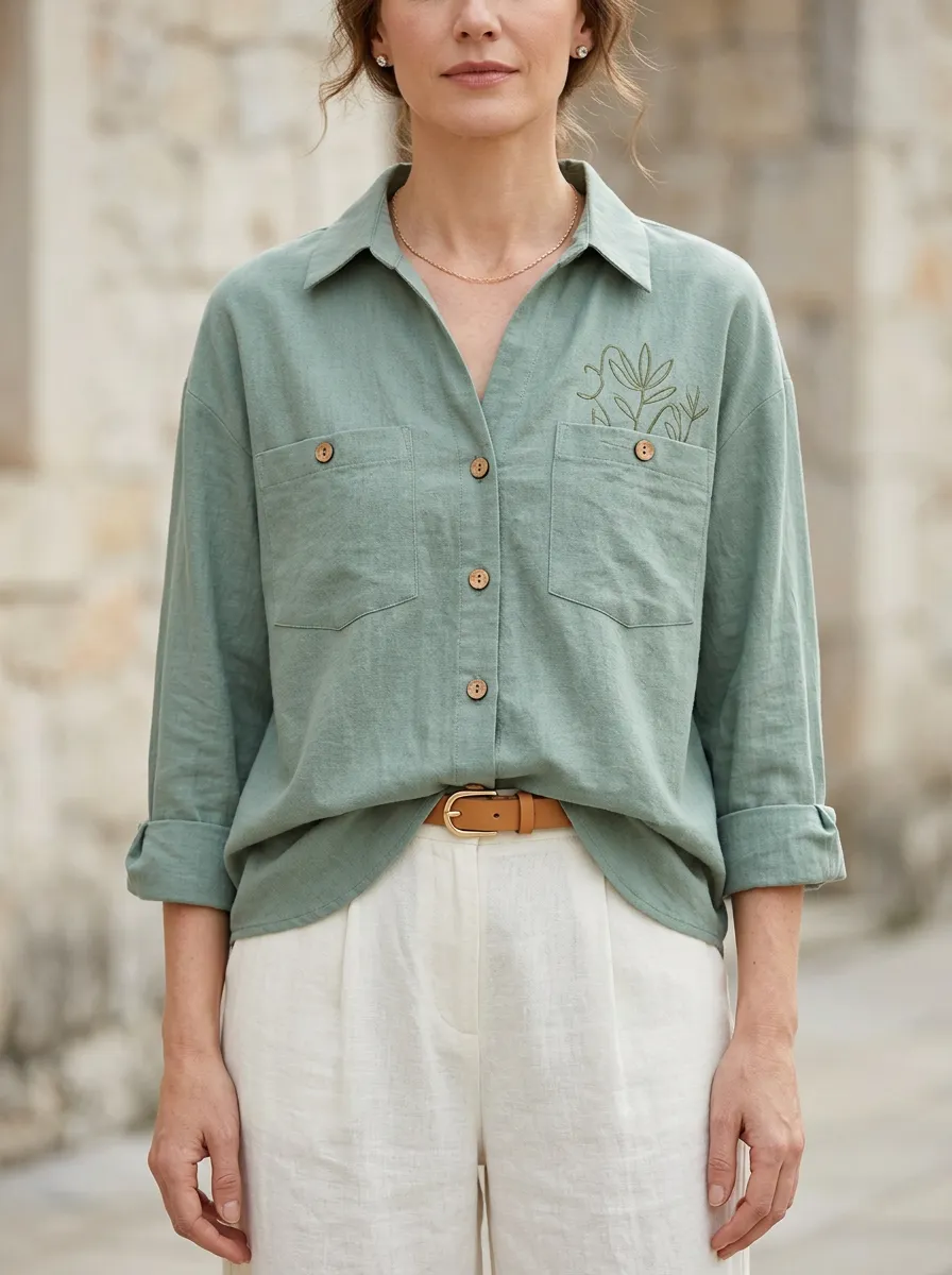 Women's Botanical Nature Lover Floral Embroidered Printed Shirt