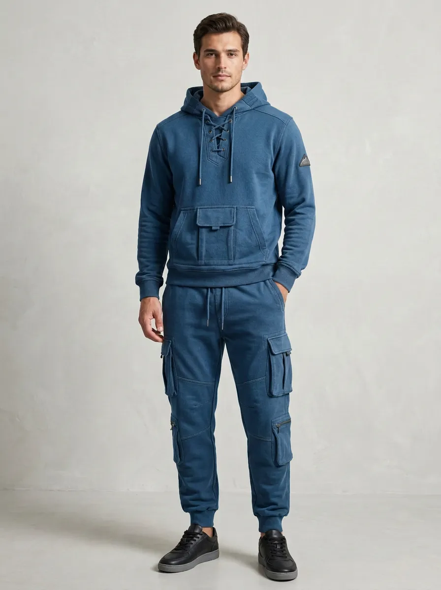 Functional Lace-Up Multi Pocket Street Look Men's Lace Up Hoodie And Cargo Jogger Set