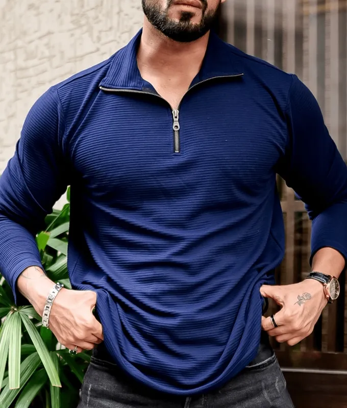 Navy Blue Ribbed Quarter-Zip Henley Shirt
