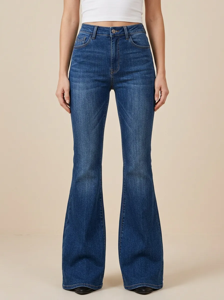 Retro Inspired Contrast Stitch Faded Finish Flare Jeans