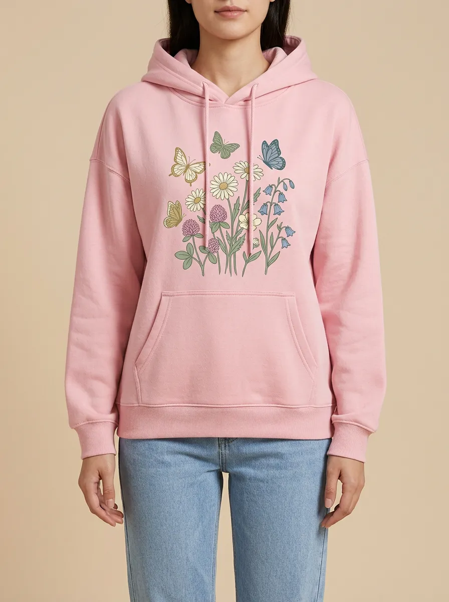 Women's Hooded Drawstring Graphic Floral Ribbed Relaxed-Fit Hoodie