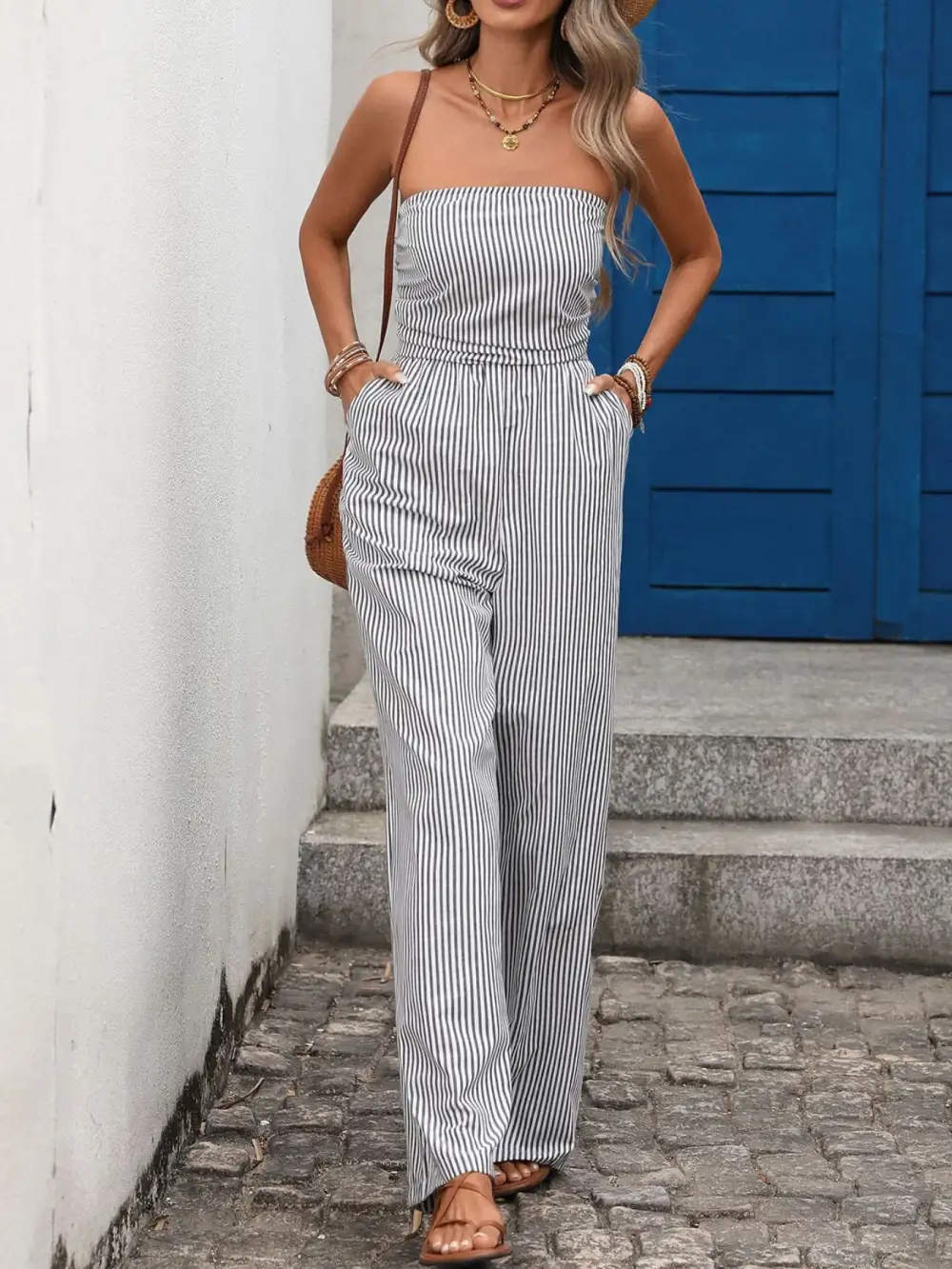 Striped Strapless Wide Leg Jumpsuit