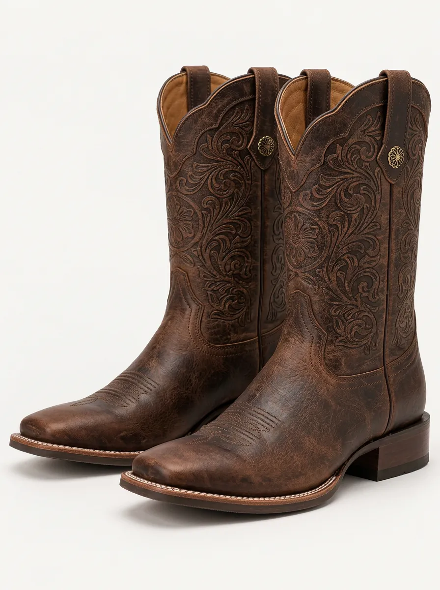 Men's Brown Leather Cowboy Boots with Floral Detail