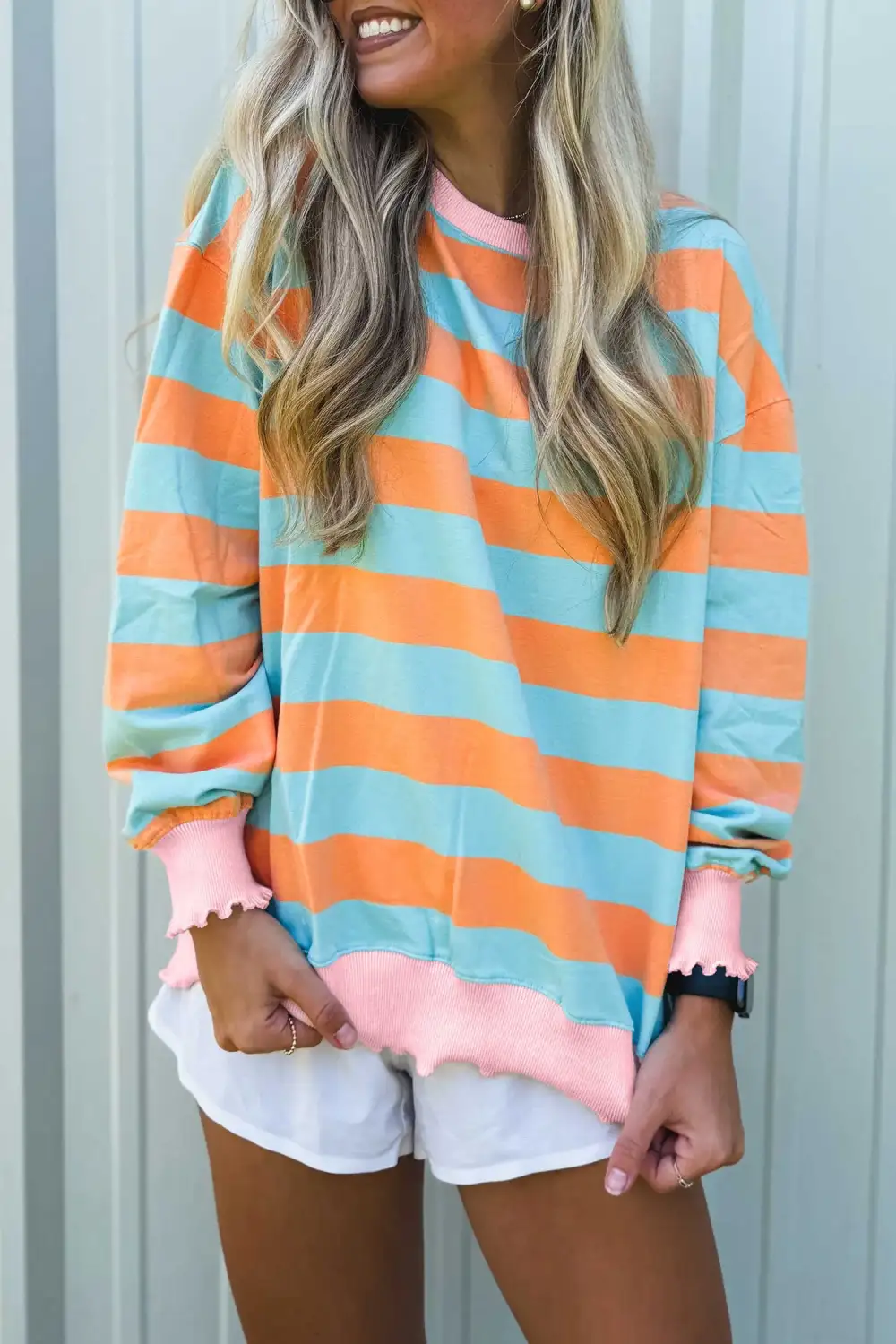Striped Round Neck Ribbed Long Sleeve Top
