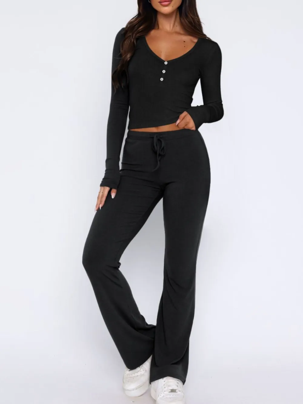V-Neck Long Sleeve Top And Pants Set
