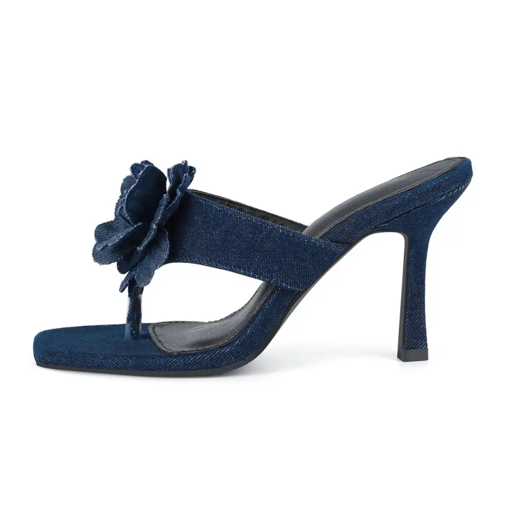 Square Toe Flower Denim Flip Flop Sandals