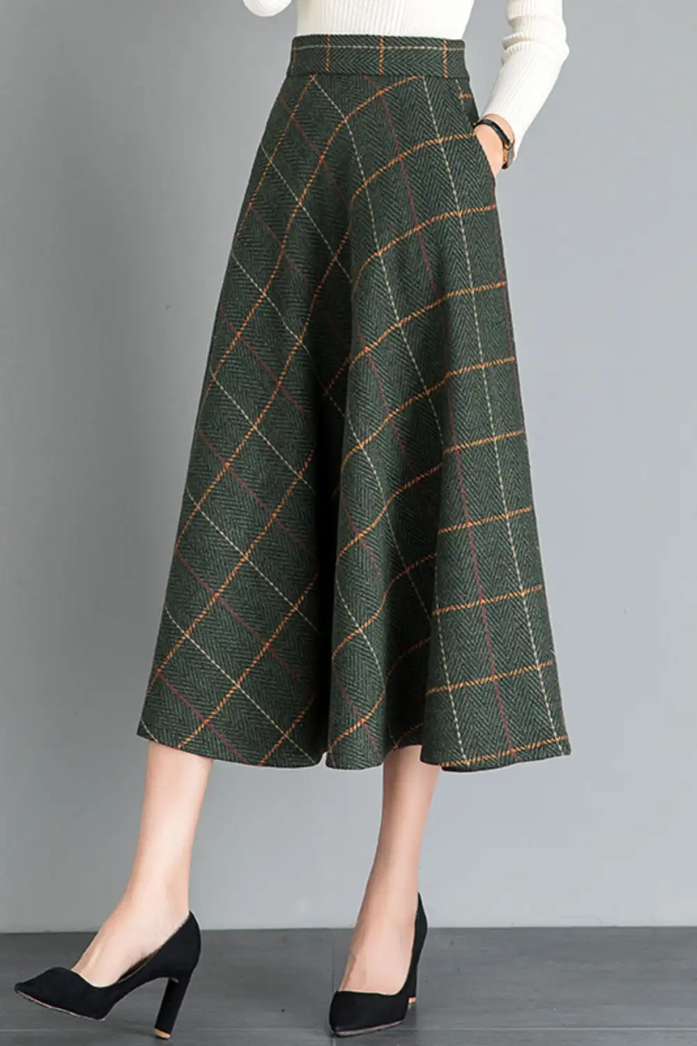 Checkered Wool Blend High Waist Midi Skirt