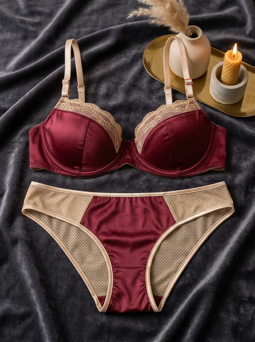 Women's Satin Lace Trimmed Mesh Satin Look Lingerie Set