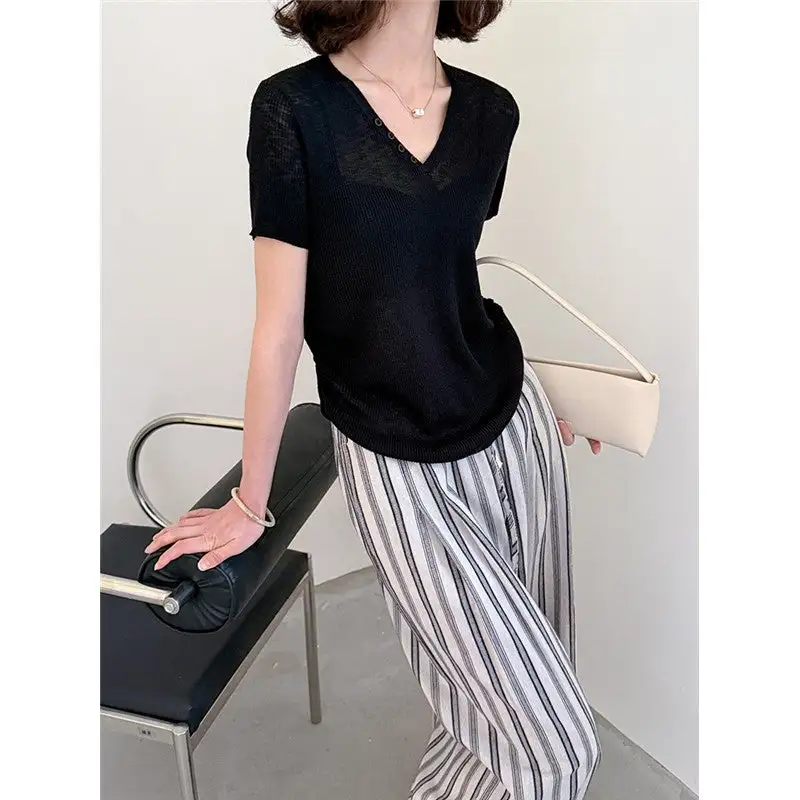 Button V-Neck Short Sleeve T-Shirt