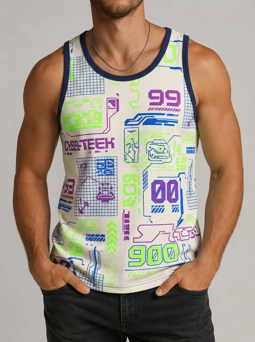 Men's Cyberpunk Tech Grid Neon Printed Tank Top