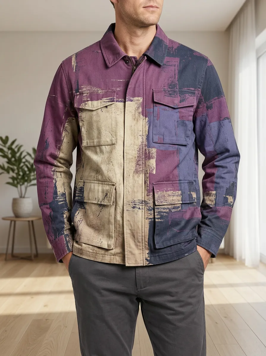 Men's Abstract Brushstroke Pattern Printed Utility Jacket
