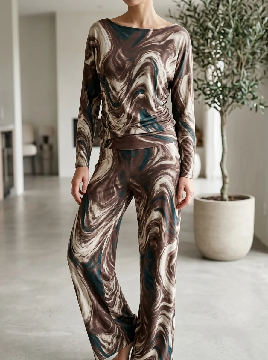 Women's Casual Lounge Marble Swirl Patterned Long Sleeve Wide Leg Pants Set