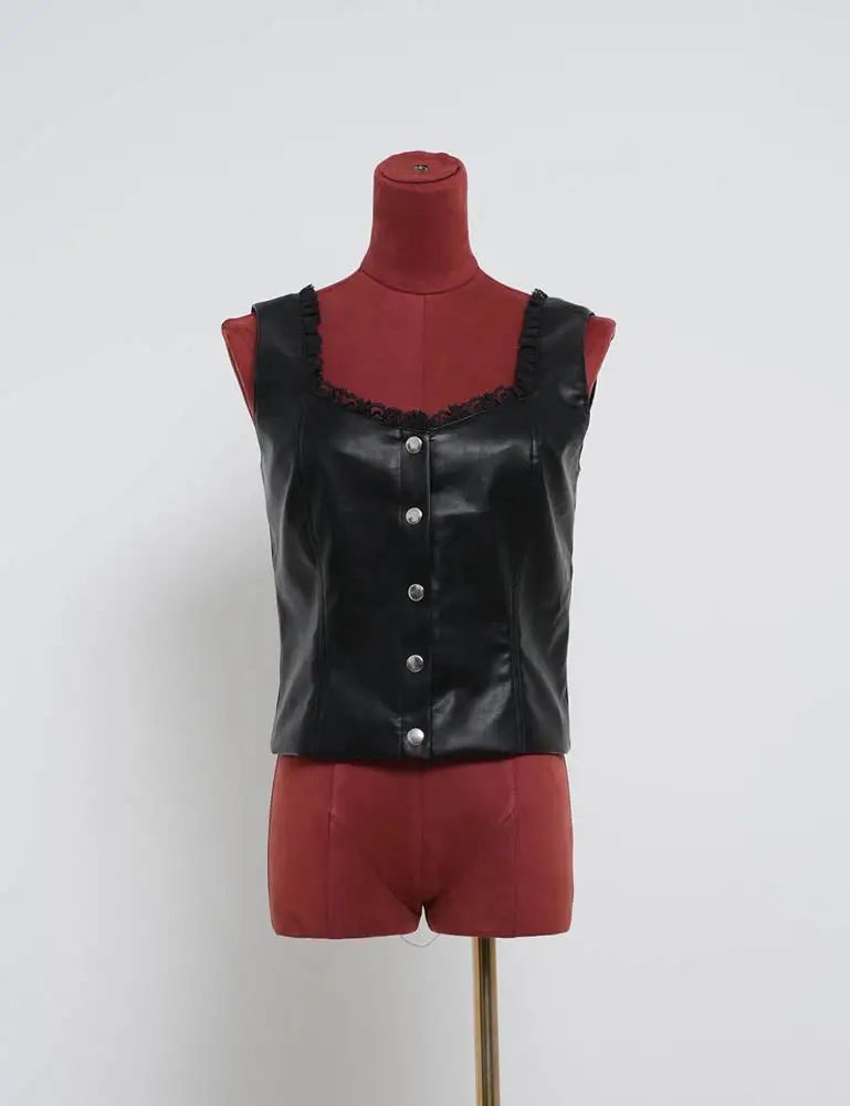Street Chic Faux Pu Square Neck Lace Trim Vest
