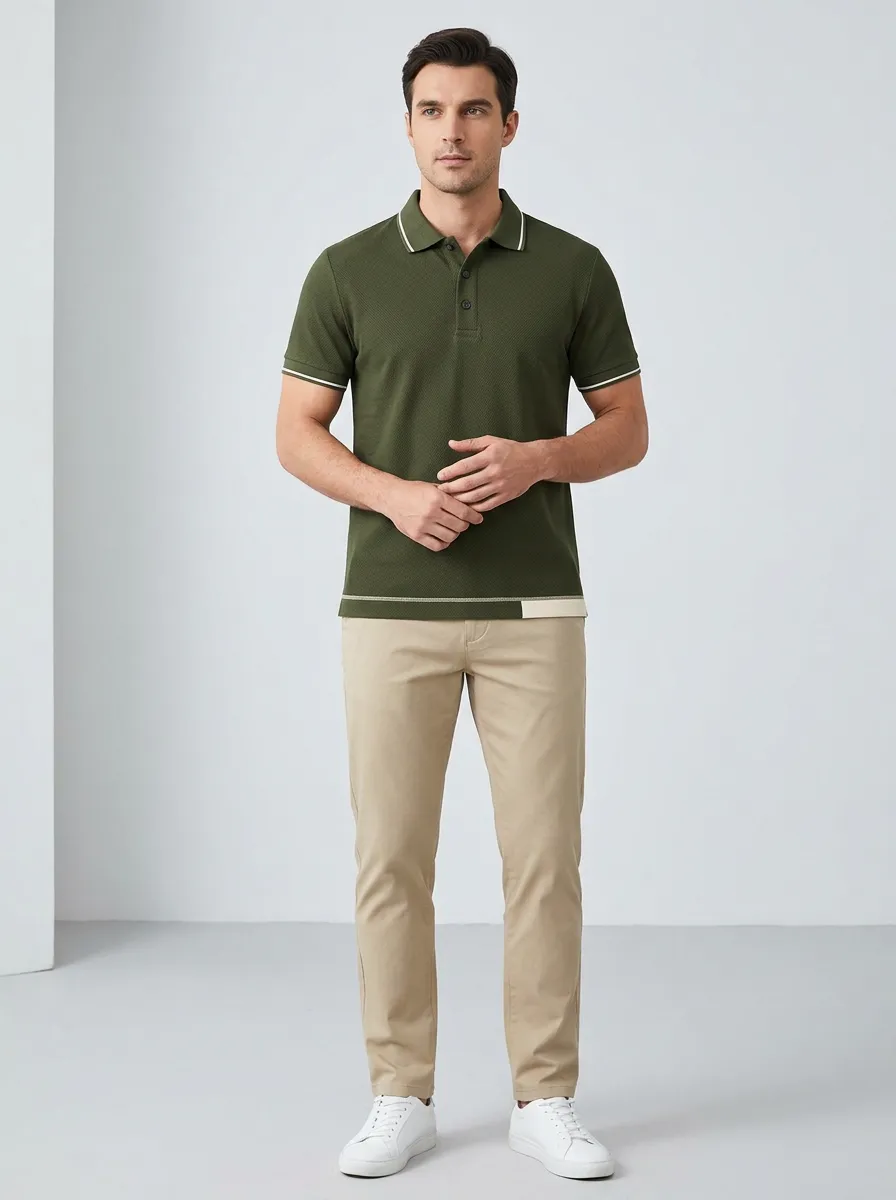 Men's Olive Green Contrast Trim Striped Hem Polo Shirt