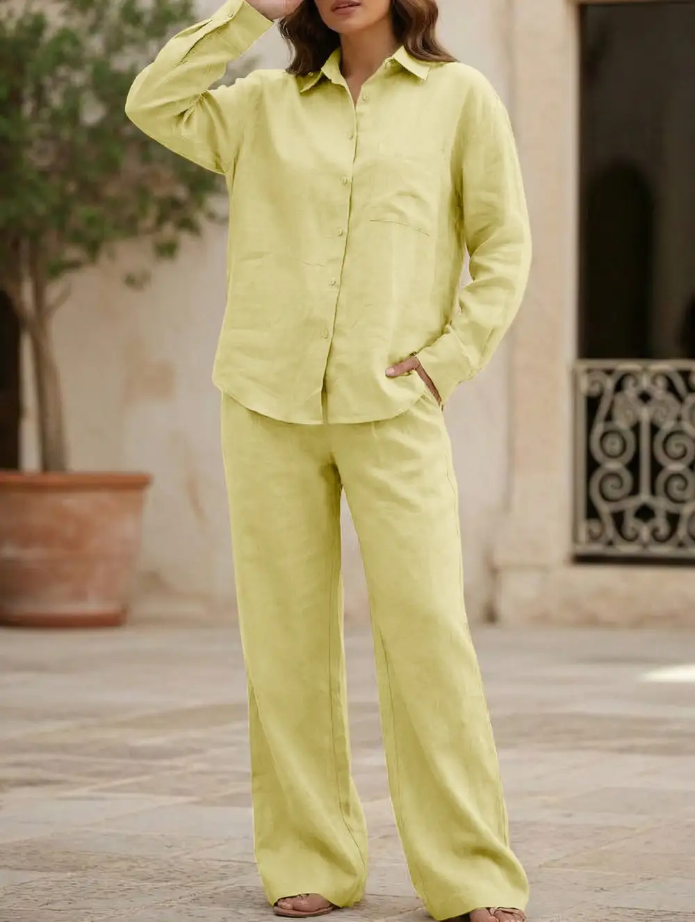 Shirt and Loose Wide-Leg Pants Suit