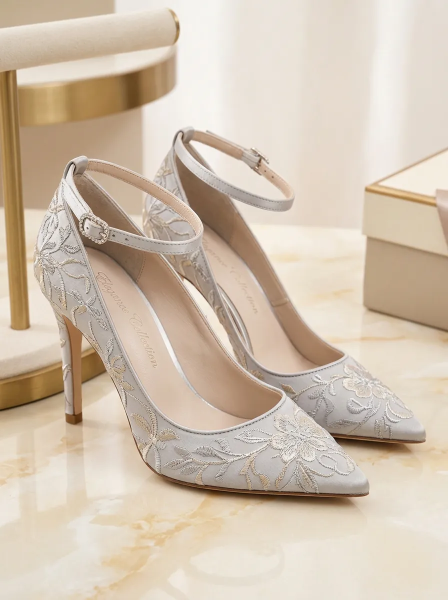 Rhinestone Floral Embroidered Buckle-Strap Women's Formal High Heels