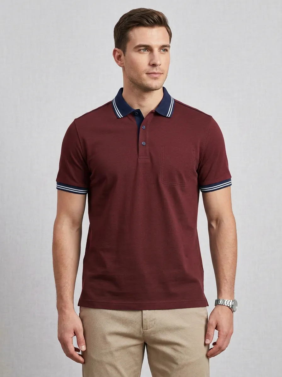 Men's Casual Green Contrast Collar Striped Trim Pocket Polo Shirt