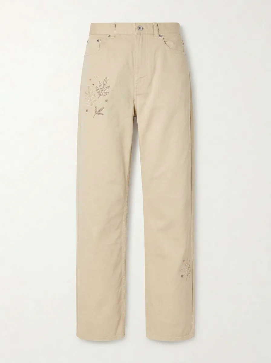 Women's Botanical Nature Lover Leaf Embroidered Mid-Rise Straight Leg Pants