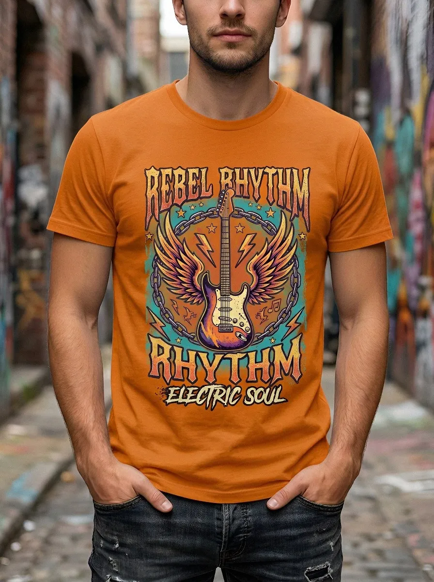 Men's Rock Music Lover Winged Electric Guitar Printed T-shirt