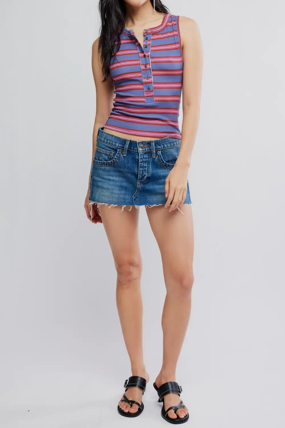 Striped Ribbed Henley Fitted Tank Top