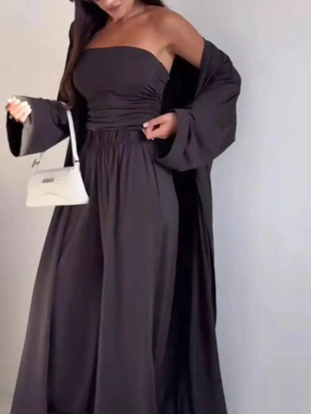 Tube Top & Cardigan & Wide Leg Pants Piece