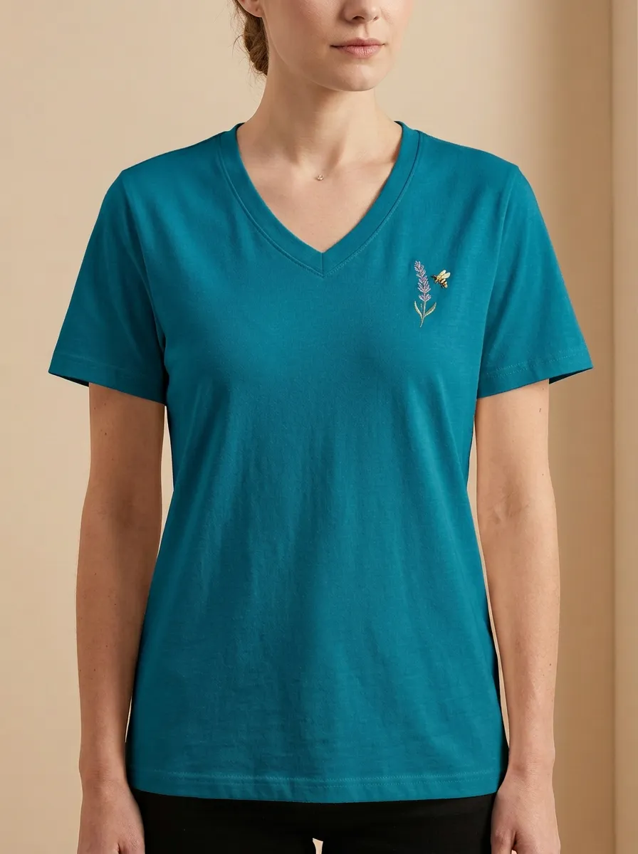 Women's Lavender & Bee Relaxed Embroidered V-Neck T-Shirt