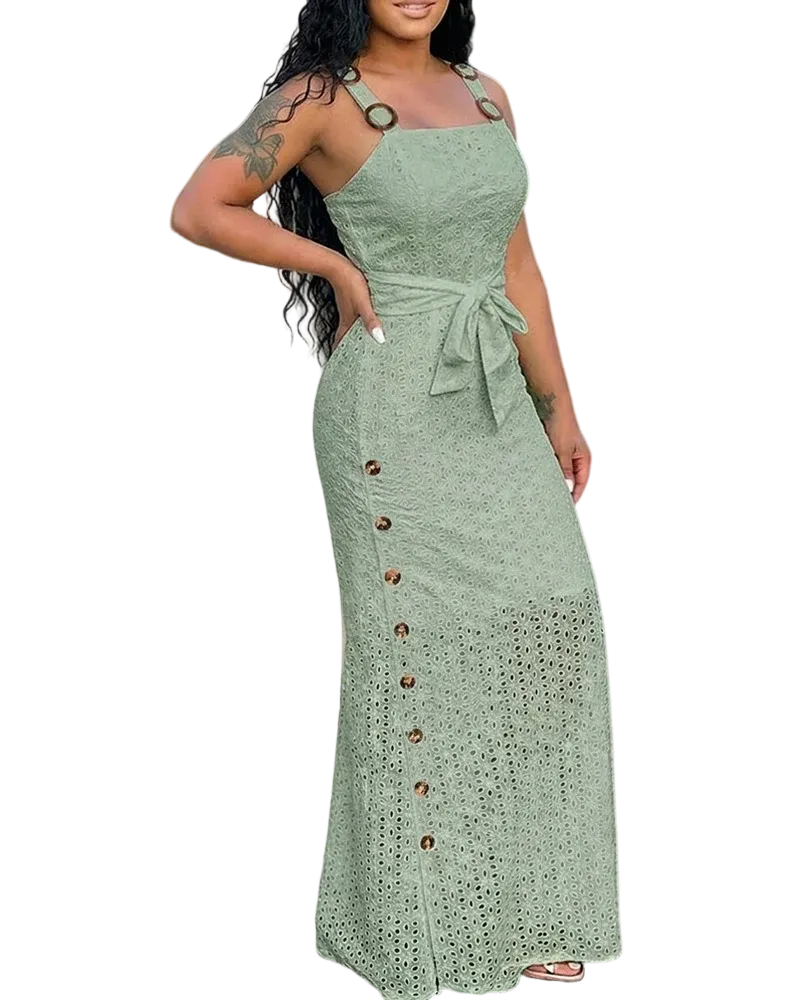 Women's open-back, side-slit embroidered spaghetti strap dress