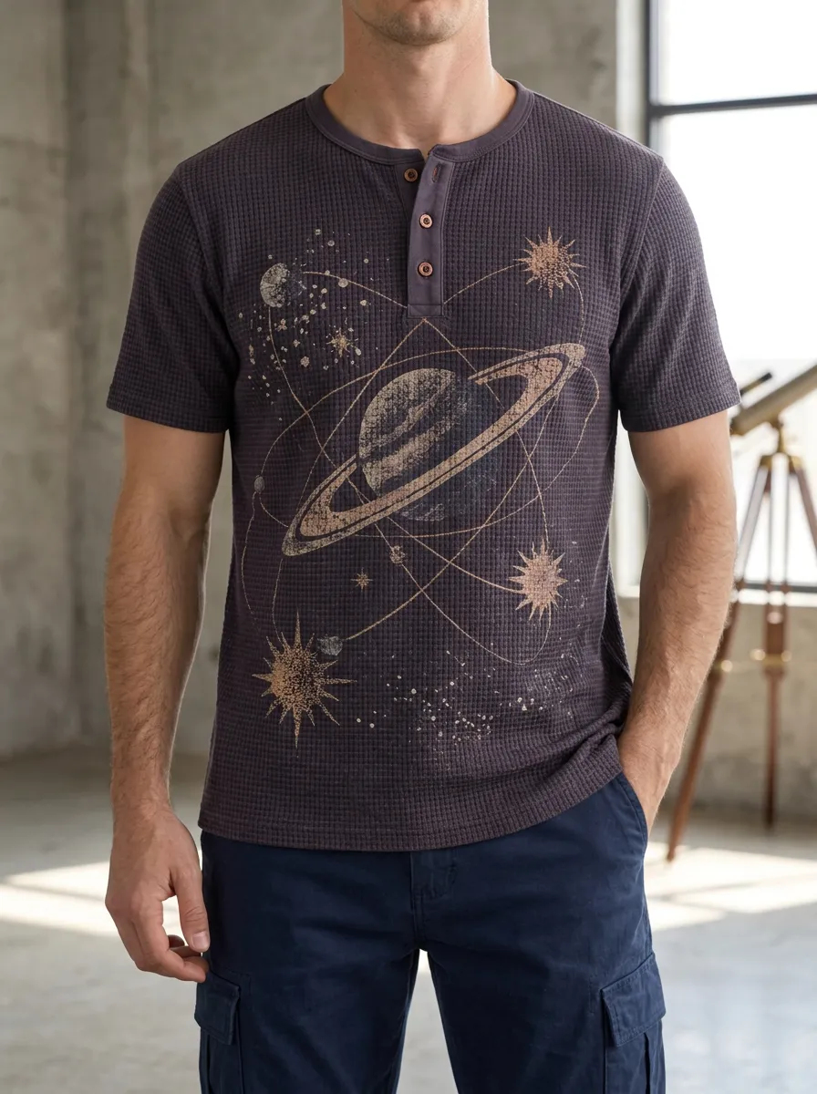 Men's Everyday Space Astronomy Saturn Planet Henley T-Shirt