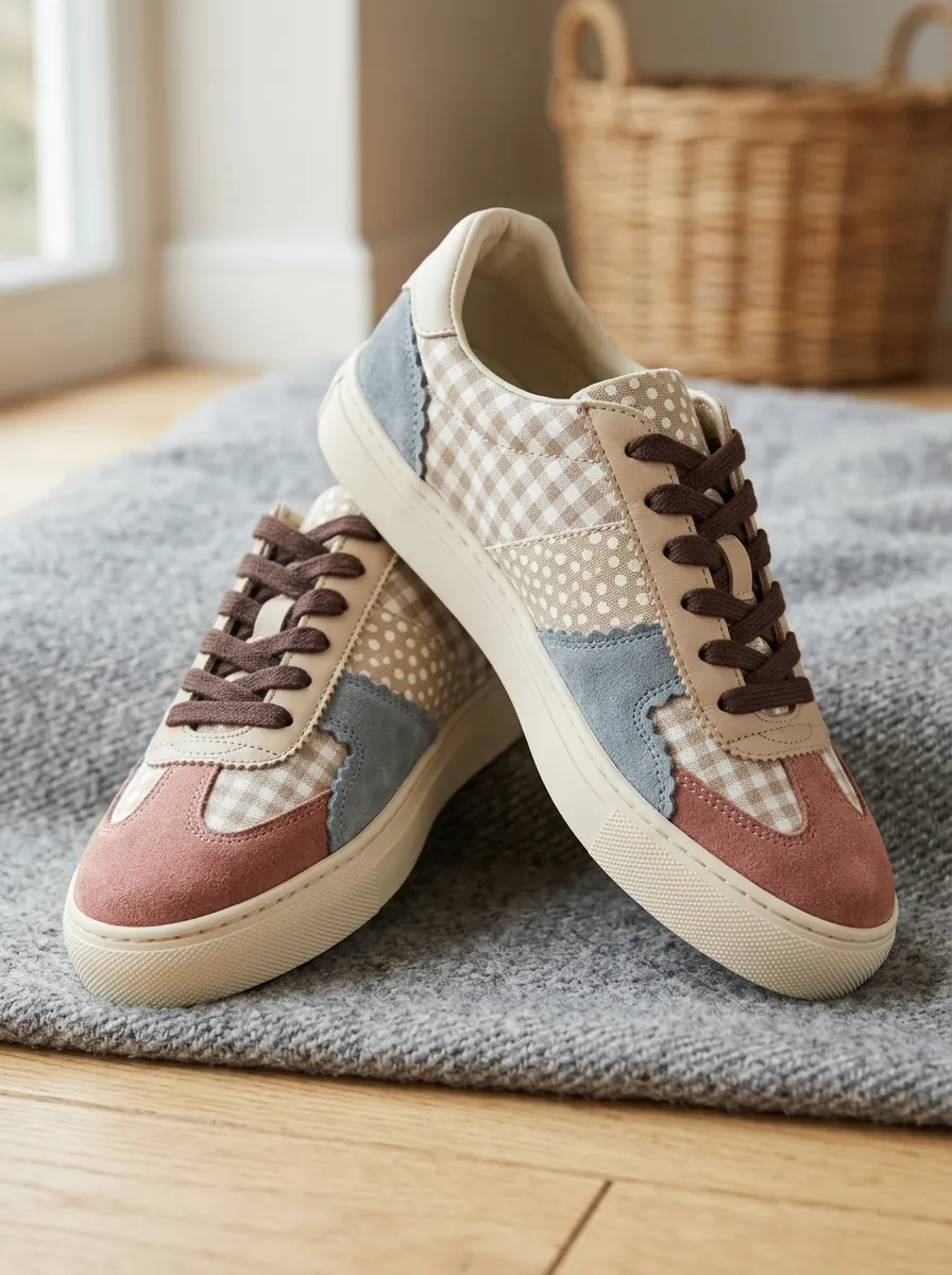 Women's Gingham Polka Dot Patchwork Suede Printed Sneakers