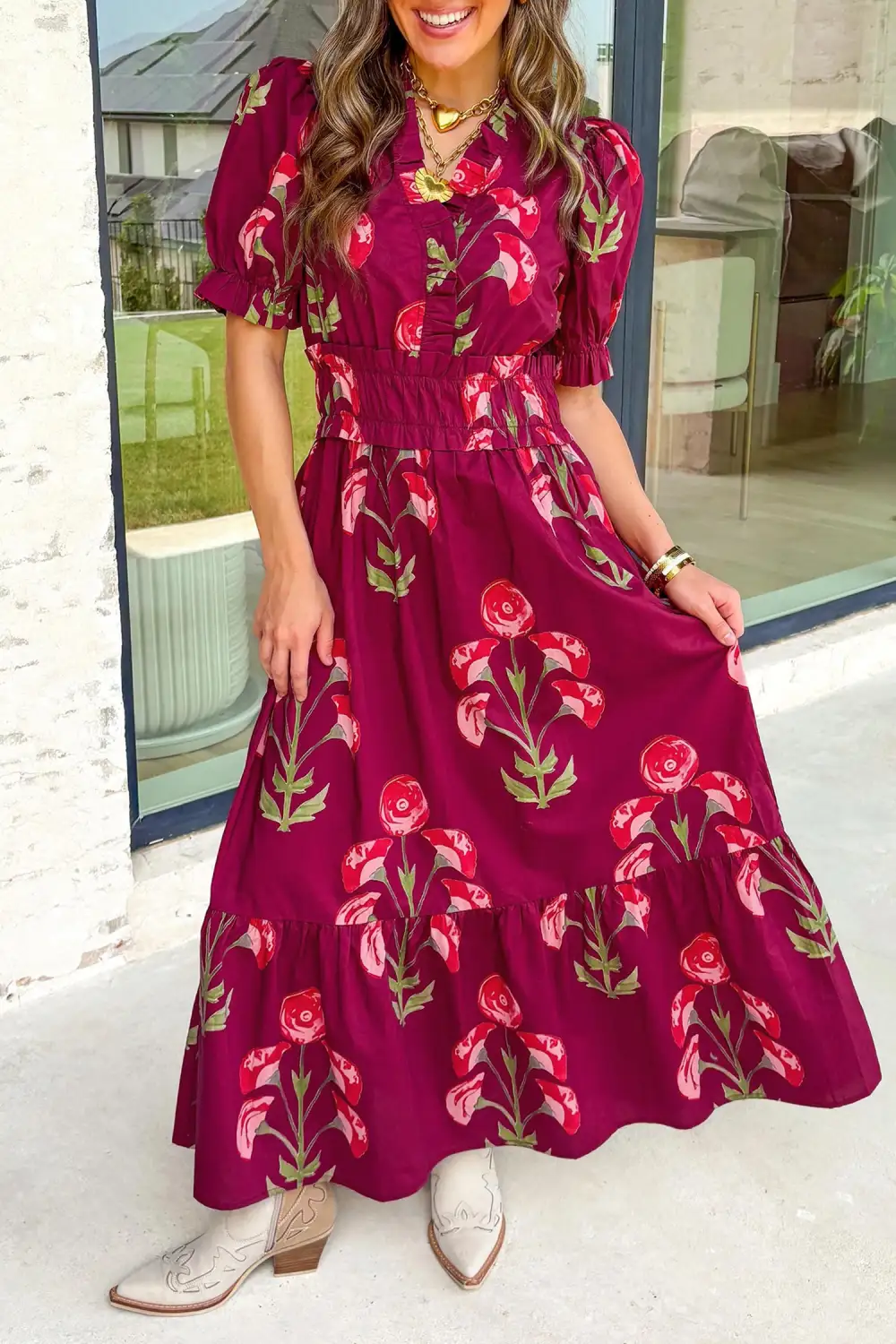 Floral Print Frilled V Neck Short Sleeve Ruffle Maxi