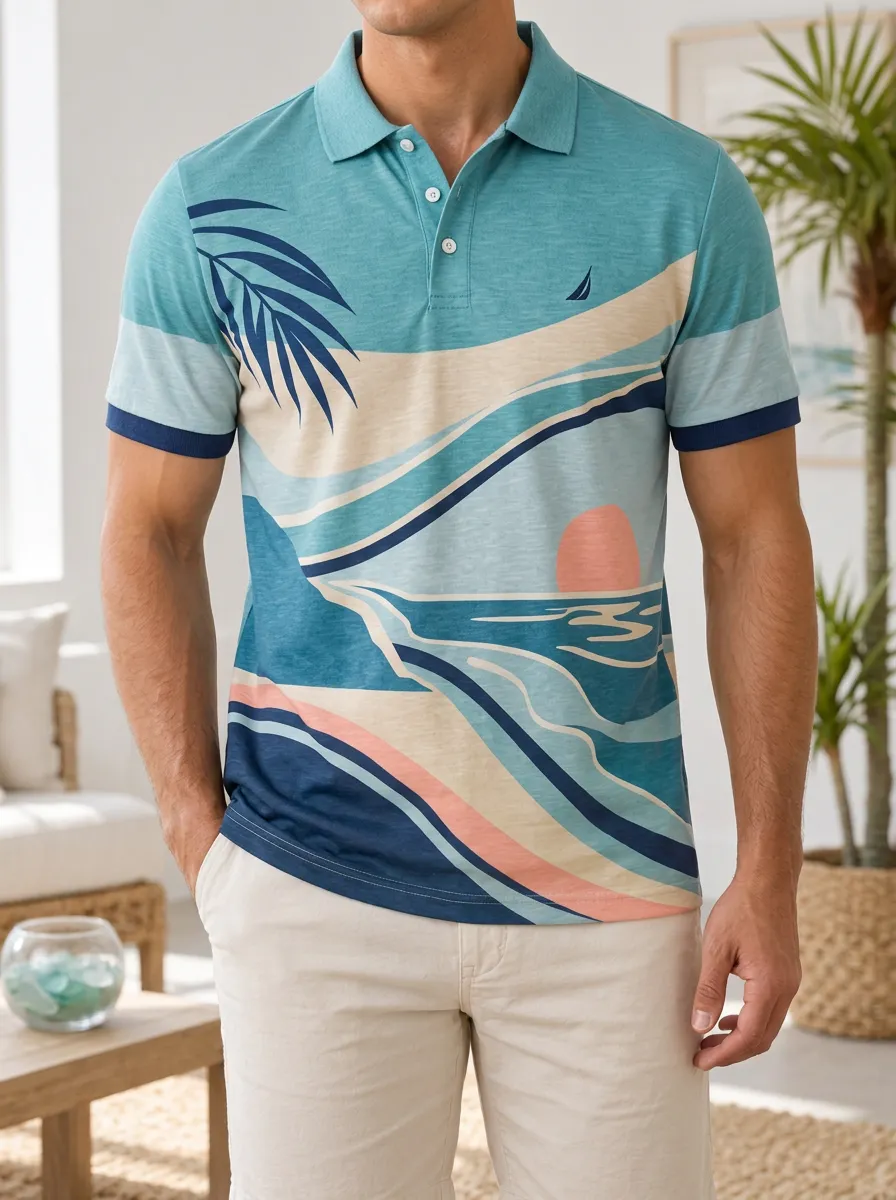 Men's Tropical Beach Sunset Palm Tree Printed Polo Shirt Everyday Casual Style