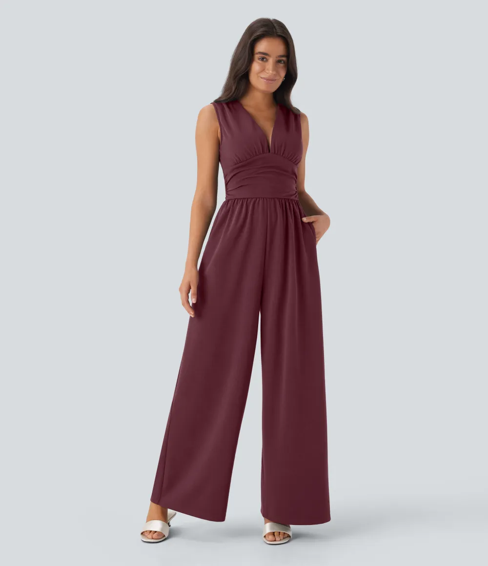 SculptKnit V Neck Sleeveless Ruched Pocket Jumpsuit-Easy Peezy
