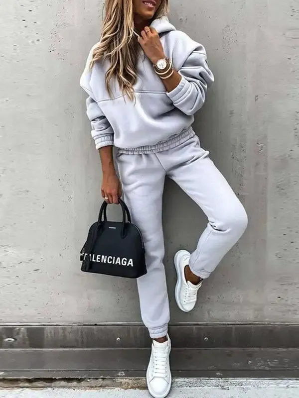 Women's Casual Solid Color Hoodie Hooded Fashion Long-sleeved Pants Suit