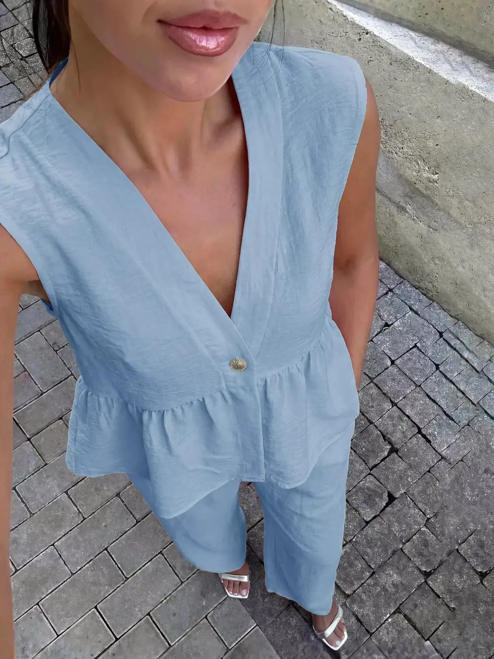 One Button Top and Wide Leg Pants Set