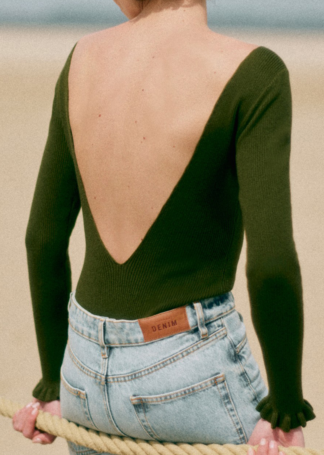 Long Sleeve Open Back Wool And Cotton Bodysuit