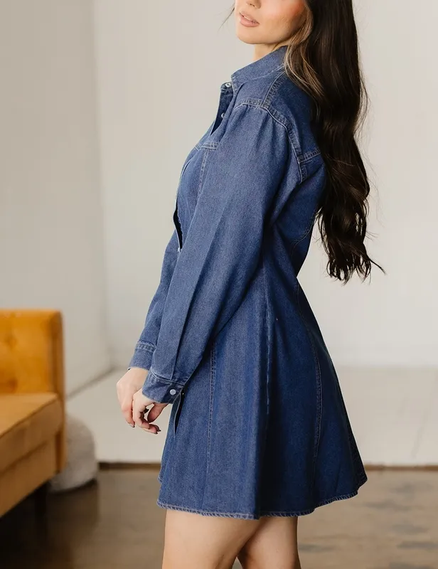 Denim Shirt-Collar Long-Sleeve Flared Mini Dress