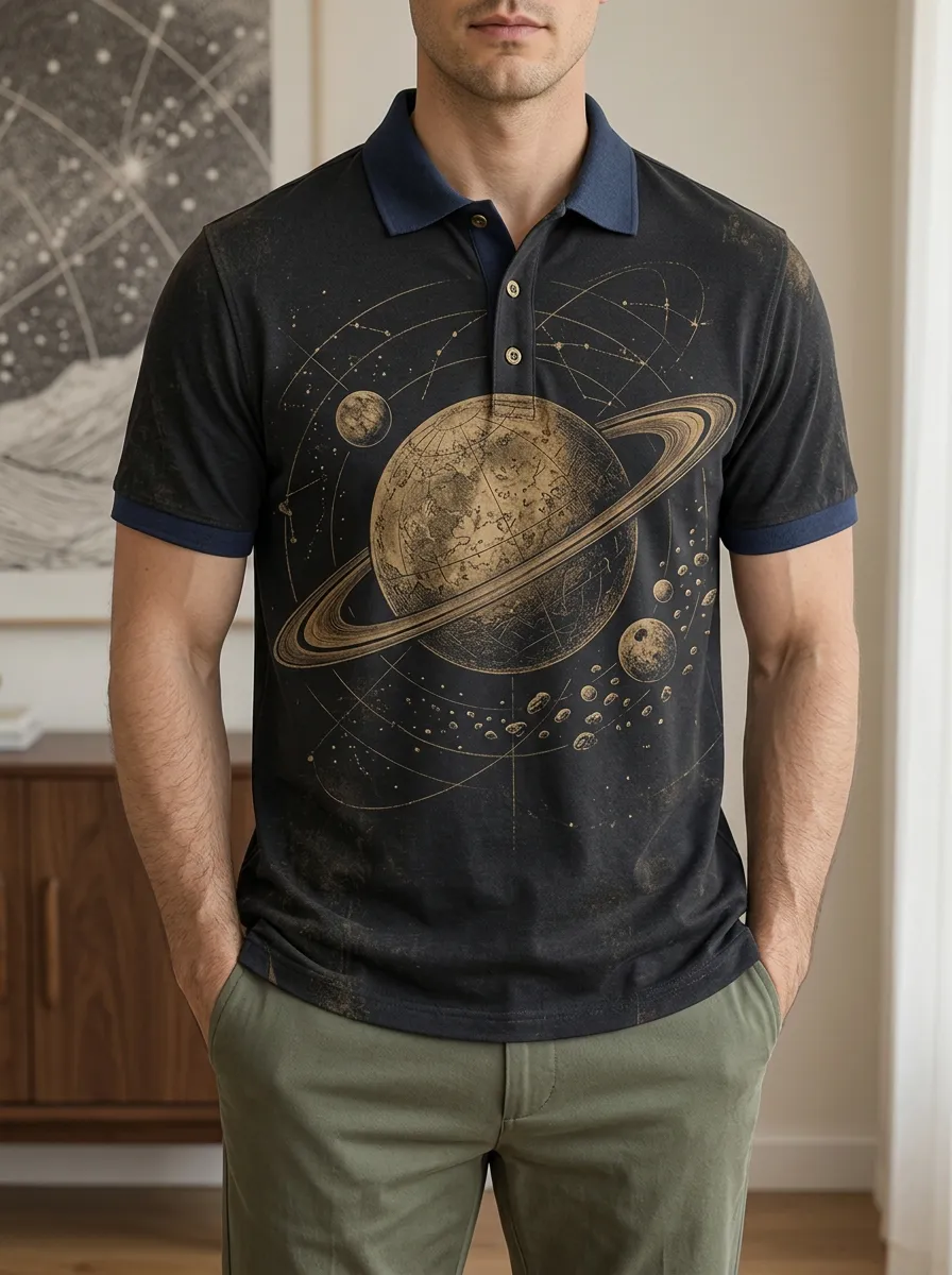 Men's Astronomy Lover Saturn Planet Printed Polo Shirt Everyday Casual Style