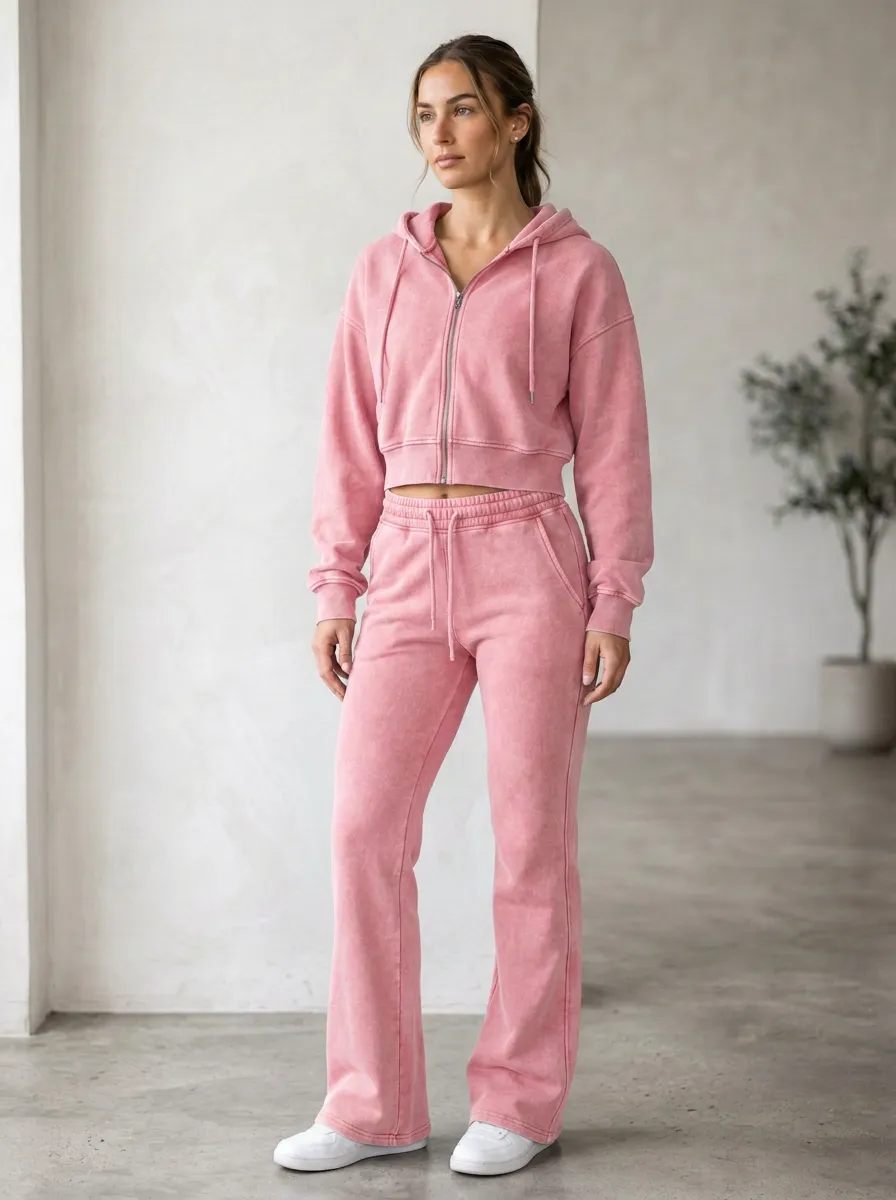 Women's Classic Washed Vintage Inspired Cropped Hooded Jacket and Flare Pants Active Set