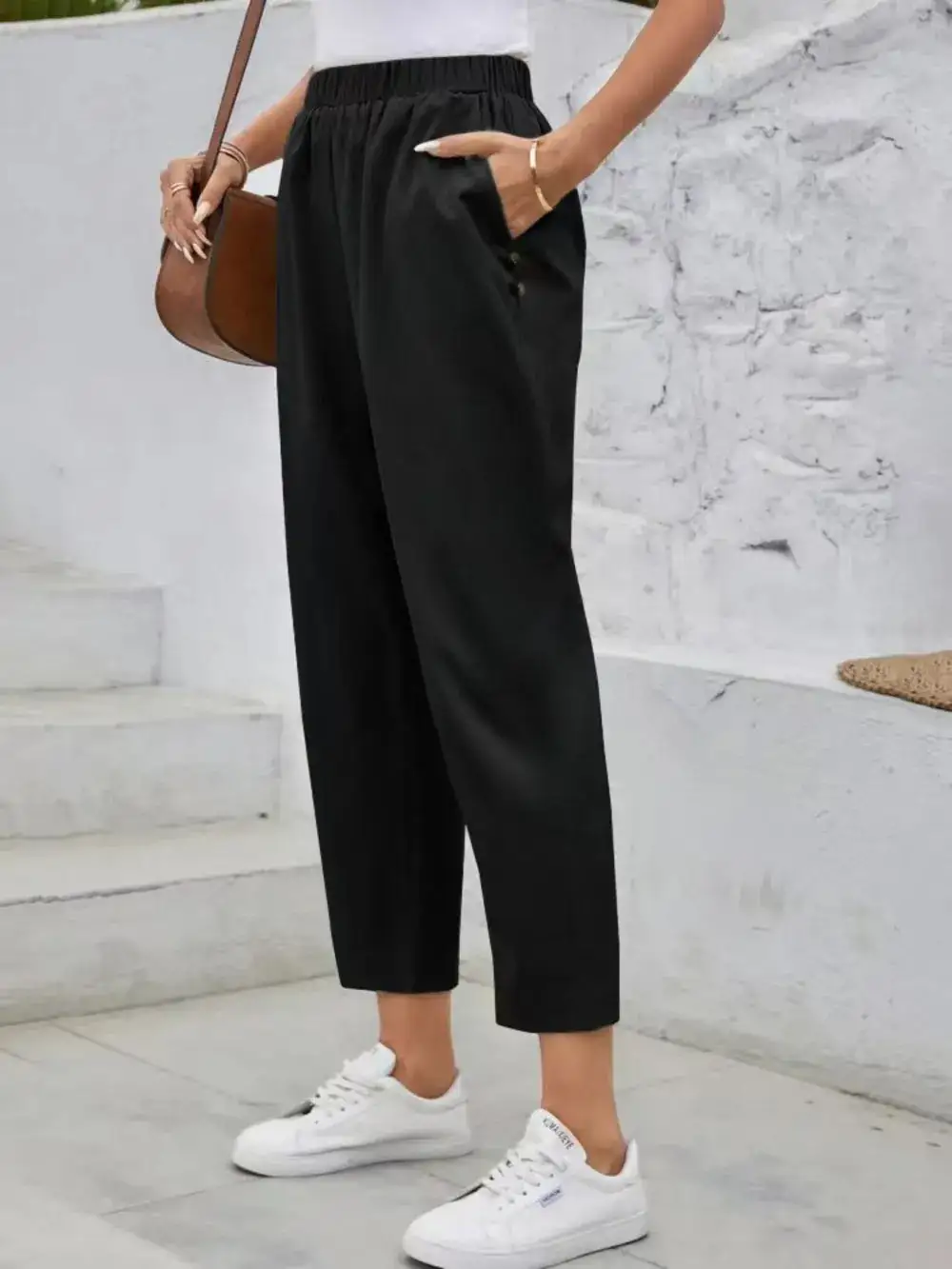 High Waist Elastic Waist Pocketed Casual Pants