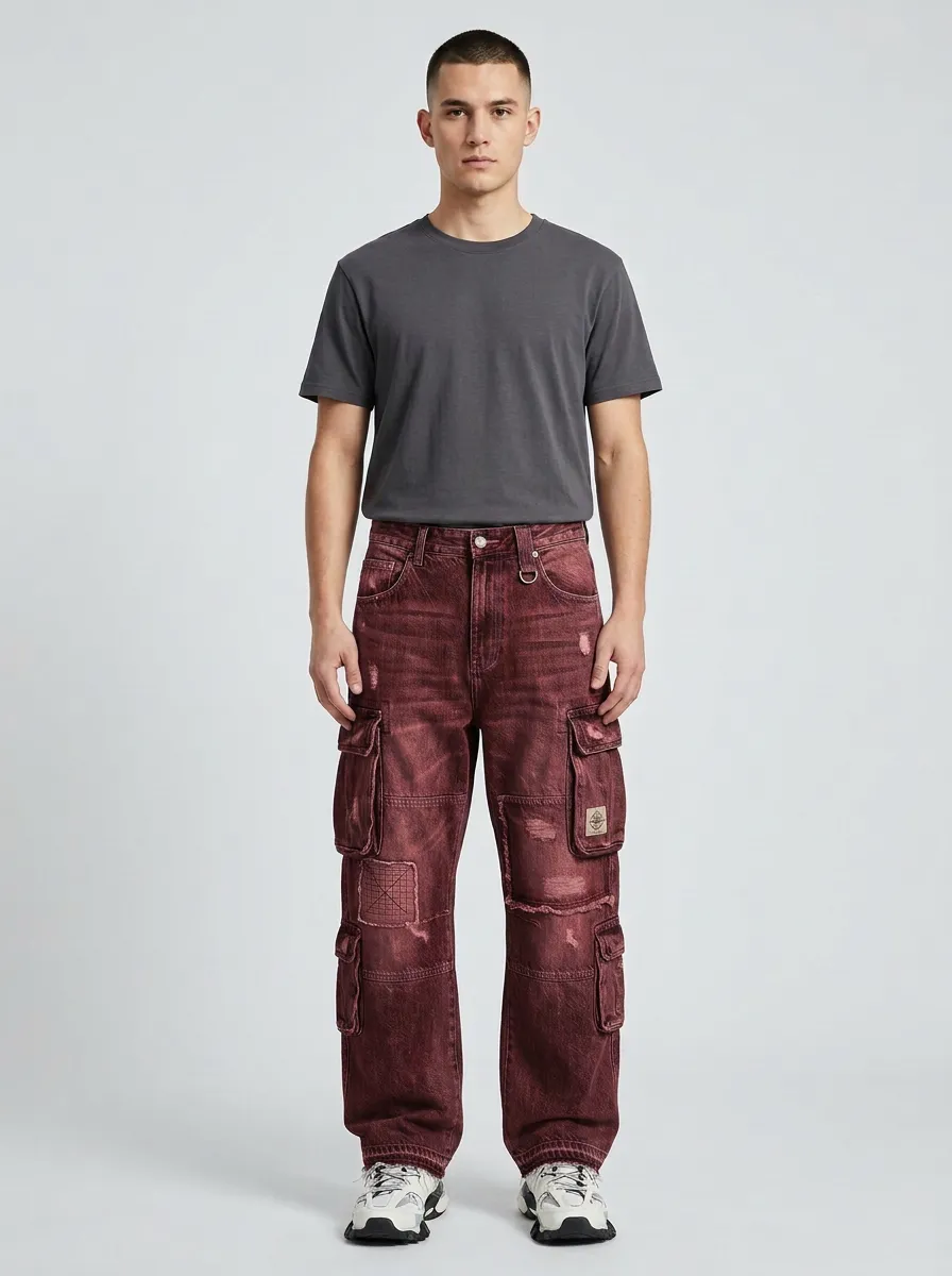 Men's Ridge Streetwear Distressed Patchwork Denim Cargo Jeans