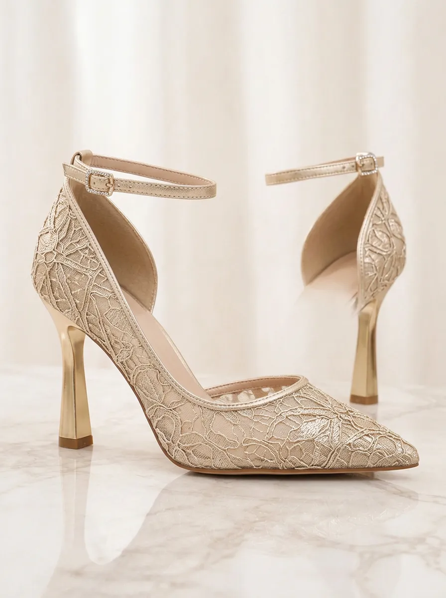 Lace-Detail Embroidered Buckle-Strap Ankle-Strap Women's Formal High Heels