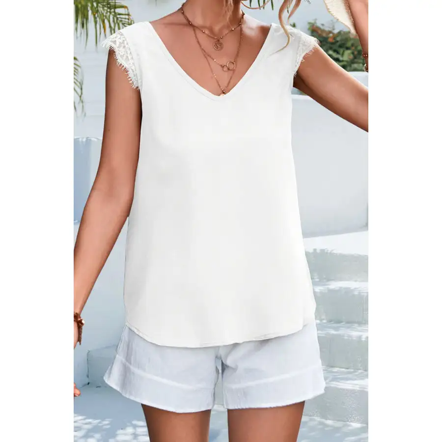 Lace Detail Eyelash Trim V Neck Tank
