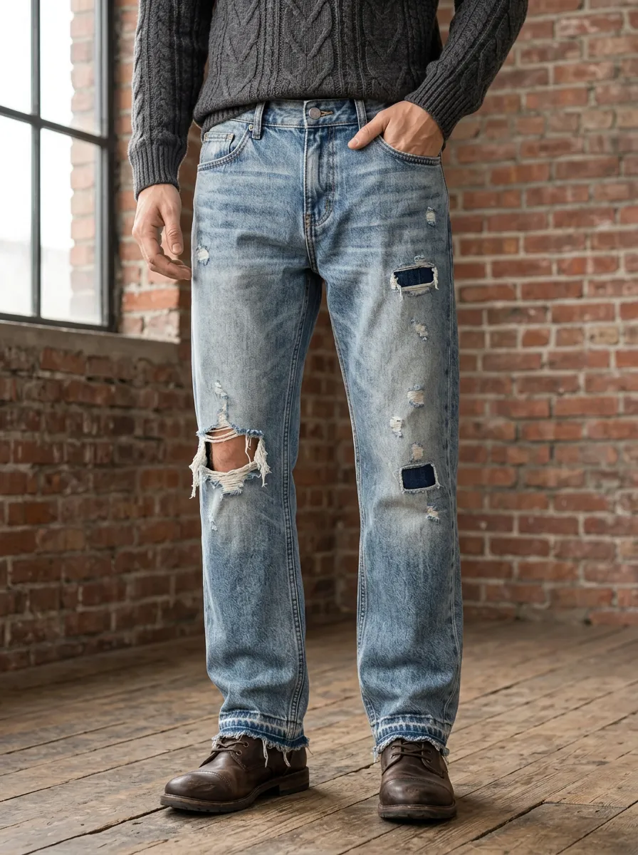 Men's Patchwork Jeans Featuring Five Pocket