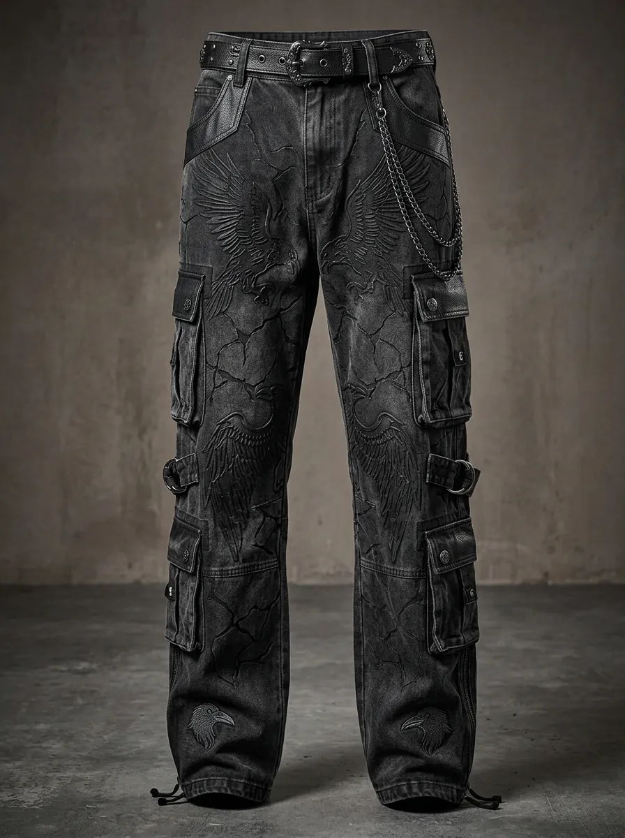 Midnight Embossed Night Look Men's Gothic Cargo Pants