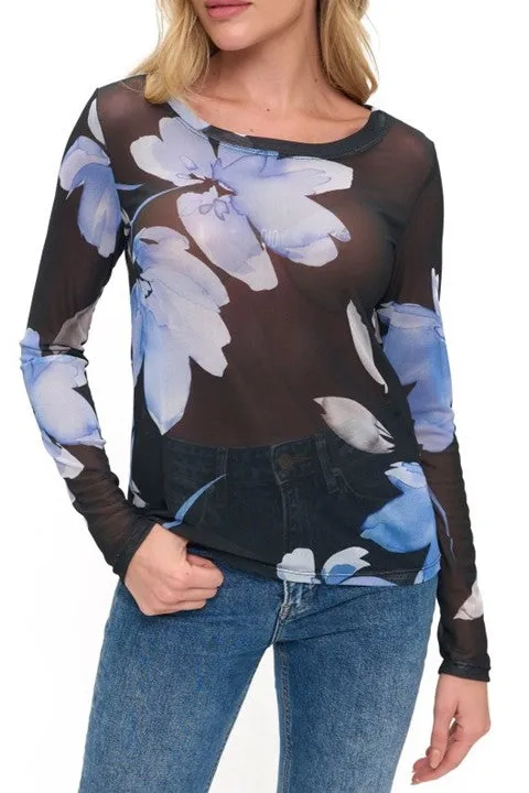 Blue Floral Print Sheer Mesh Long Sleeve Top