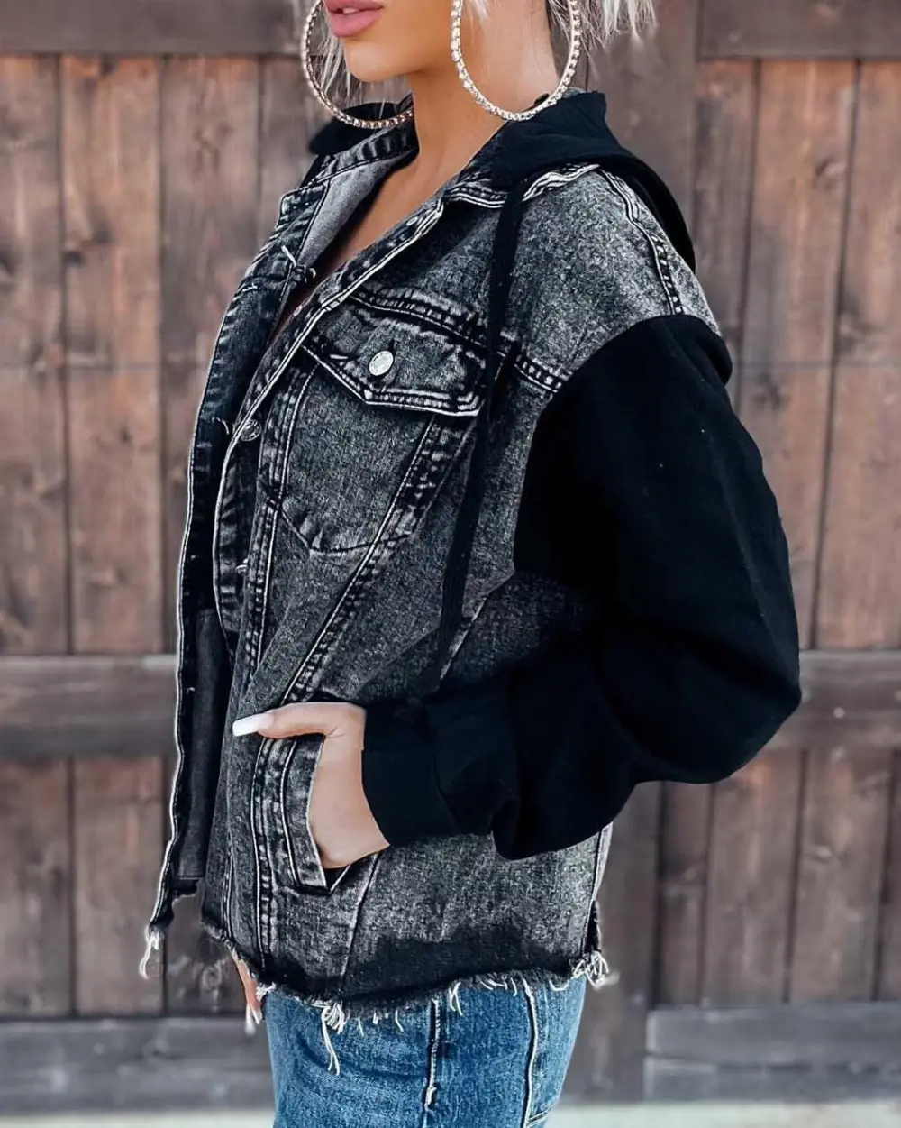 Melarey Distressed Hooded Denim Jacket