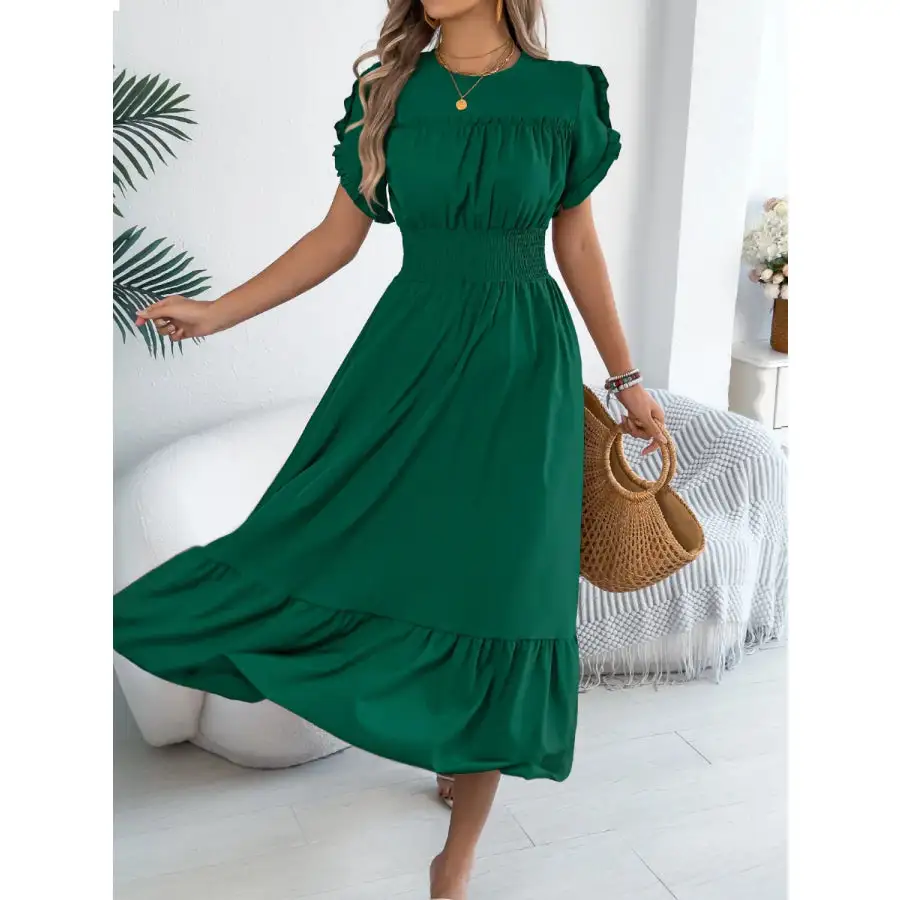 Smocked Frill Round Neck Midi Dress