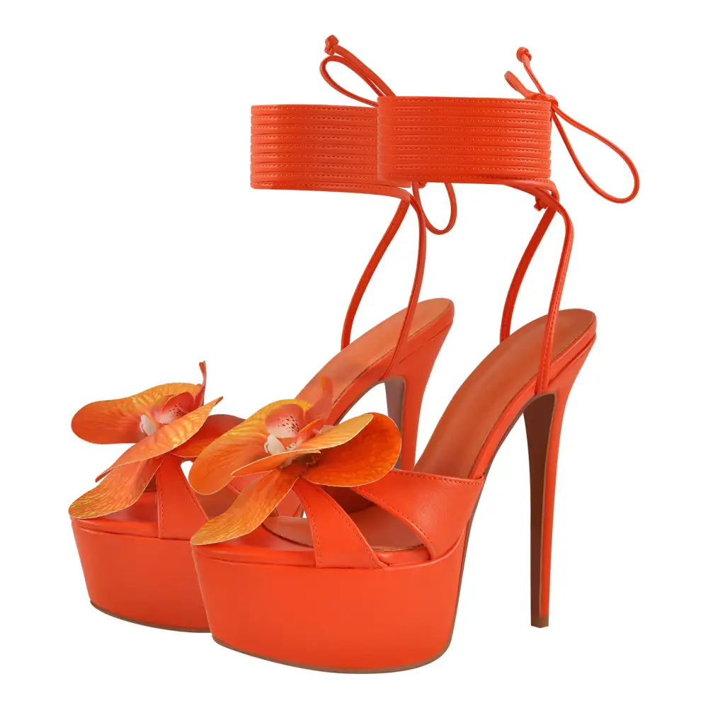 Round Toe Flower Platform Lace Up Stiletto Sandals